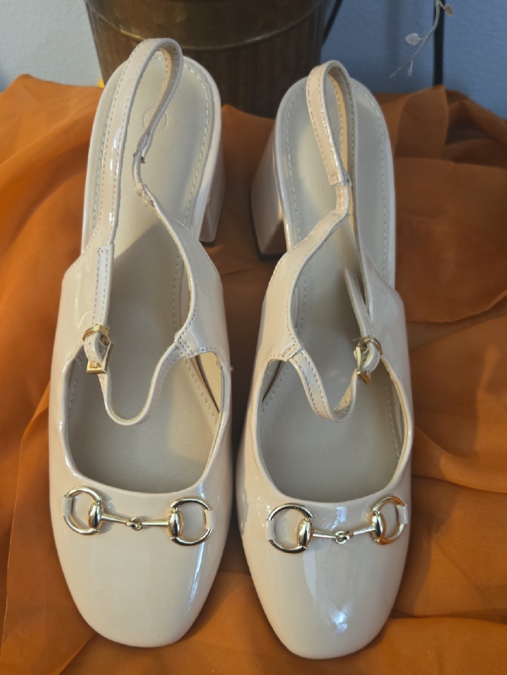 Patent Slingback Block Heel Pumps in Cream with Gold Hardware